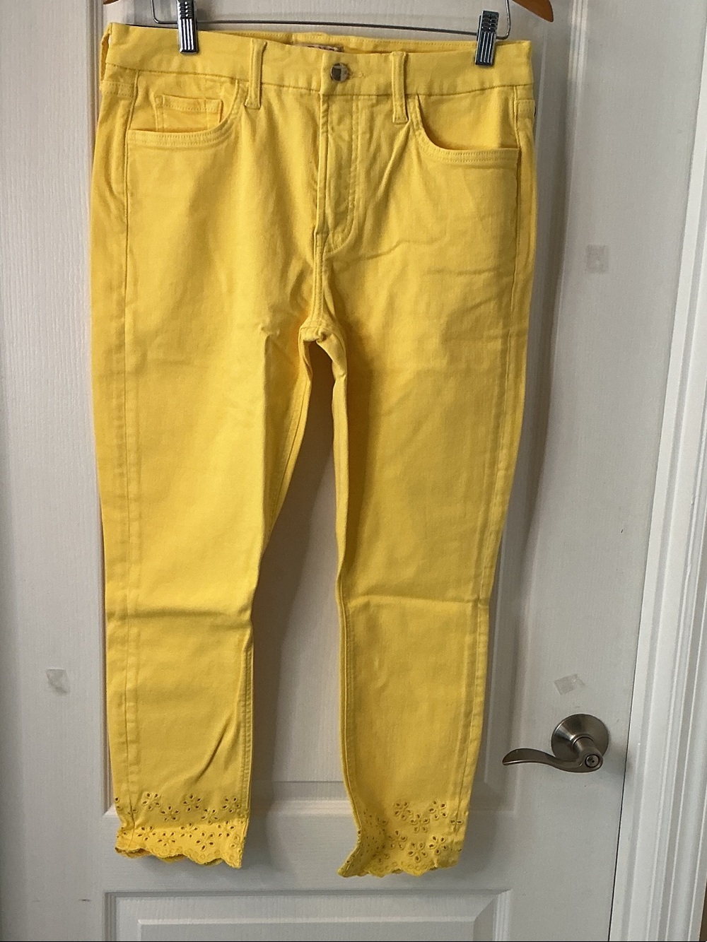 Jen 7 Women’s Yellow Slim Jeans with Scalloped Eyelet Hem